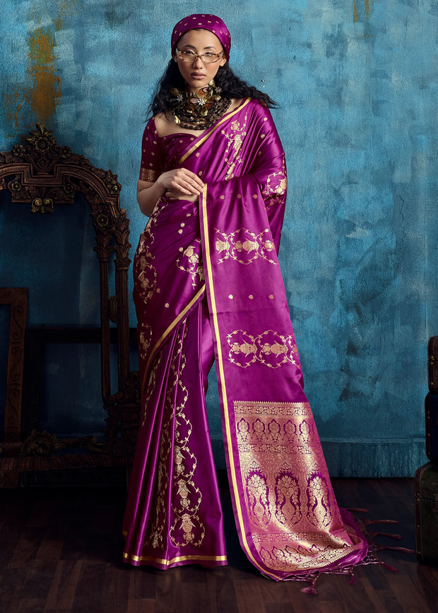 Magenta Purple Woven Banarasi Satin Silk Saree
