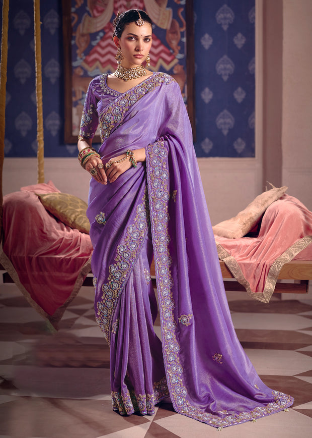 Lavender Purple Embroidered Tissue Designer Saree