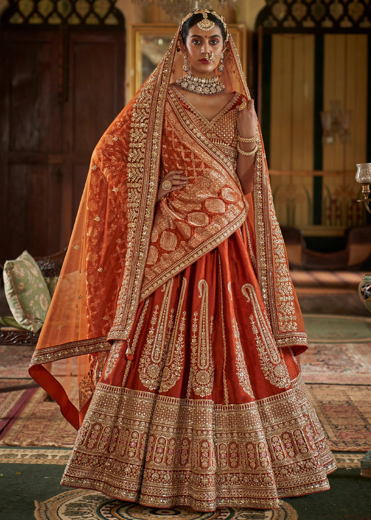 Rust Orange Heavy Embroidered Designer Lehenga