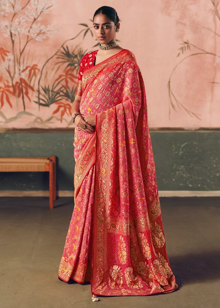 Gajari Pink Woven Georgette Bandhej Saree