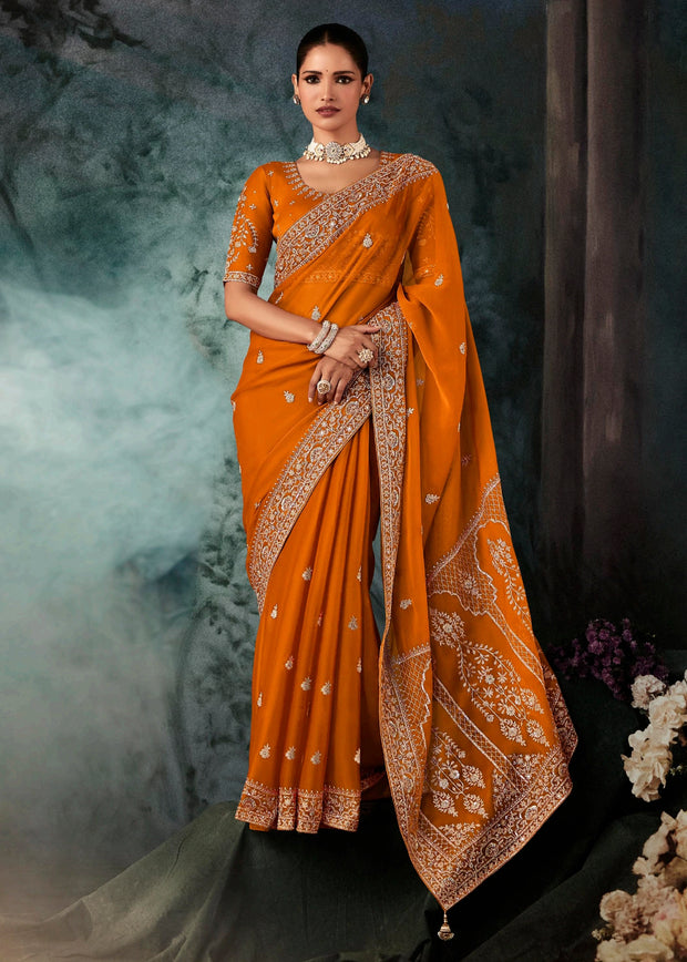 Poppy Orange Embroidered Designer Saree