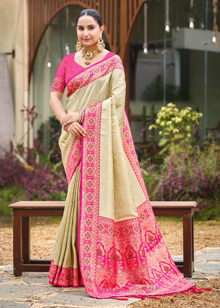 Beige Pink Woven Banarasi Silk Saree