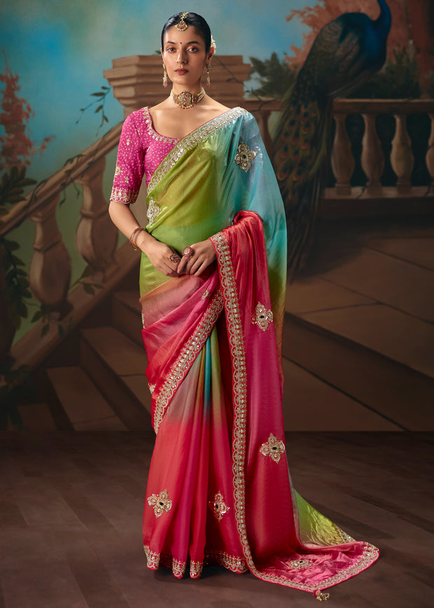 Green Pink Ombre Embroidered Designer Saree