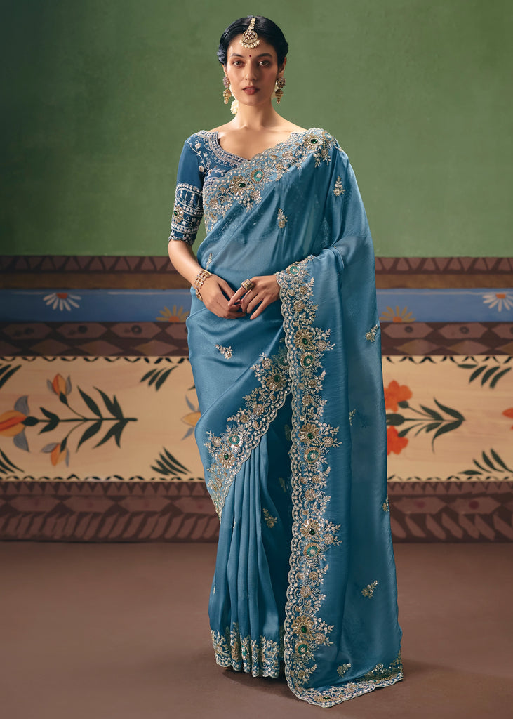 Storm Blue Embroidered Designer Saree