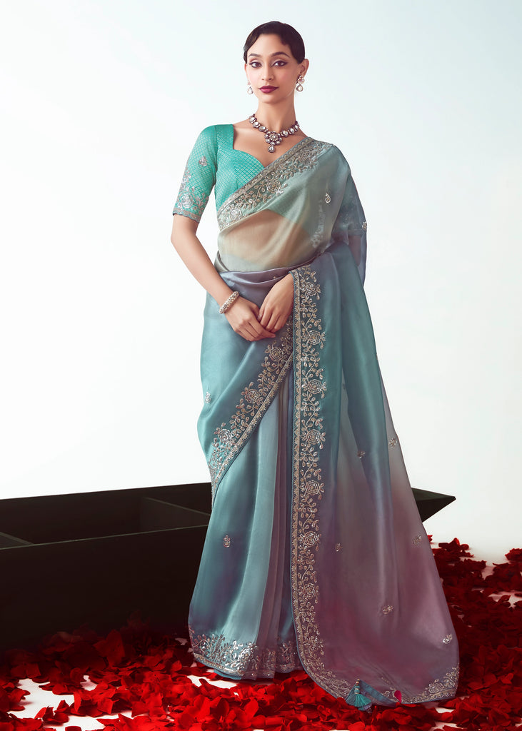 Aqua Blue Embroidered Designer Tissue Saree