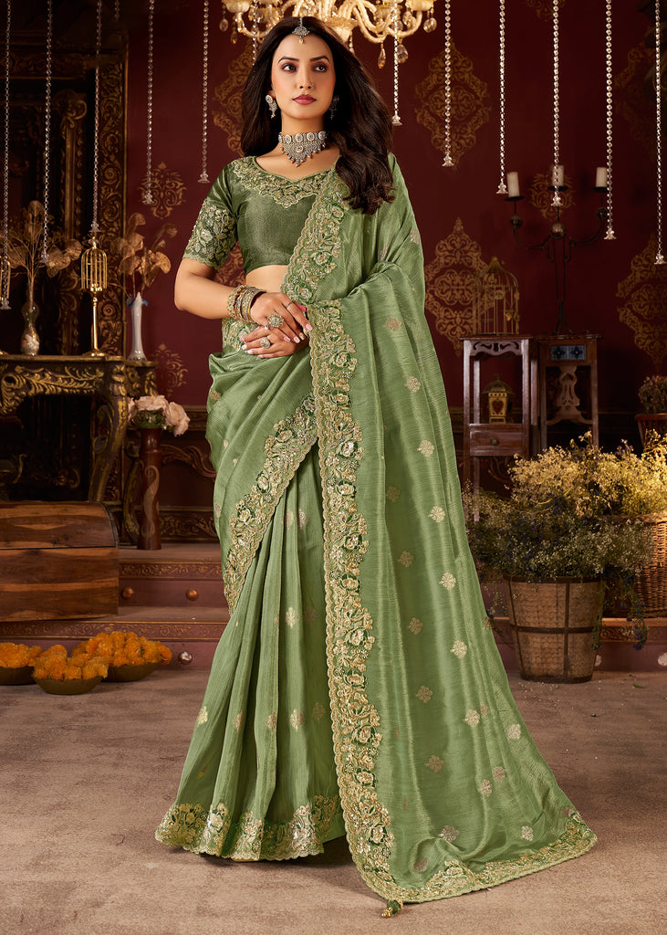 Stone Green Embroidered Tissue Designer Saree