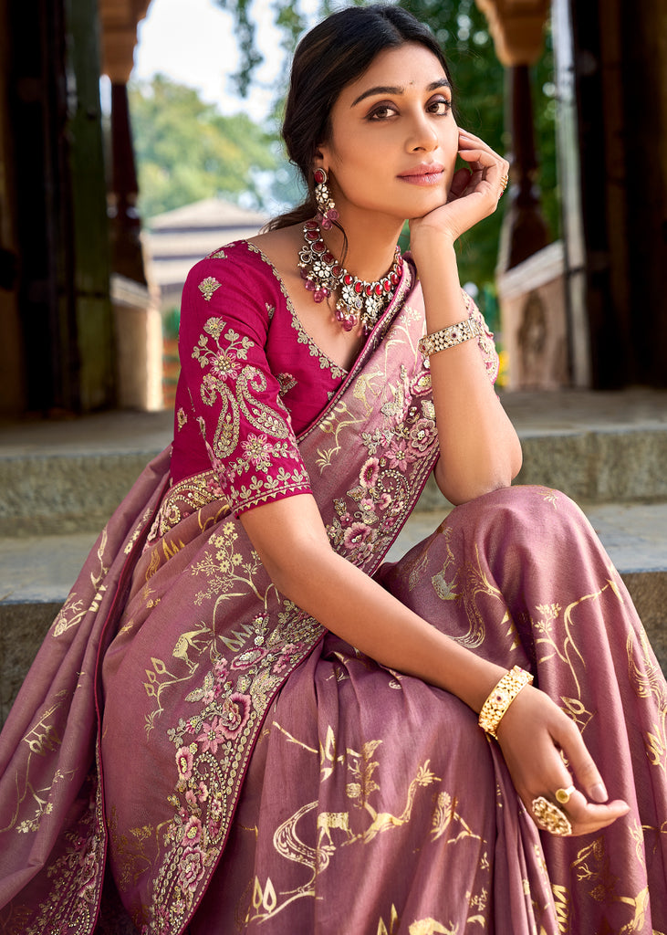 Wine Purple Woven Banarasi Designer Silk Saree With Embroidered Blouse –  Zari Banaras
