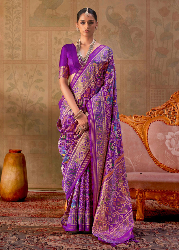Bright Purple Printed Patola Silk Saree