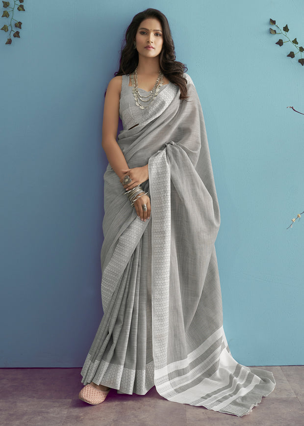 Powder Grey Woven Linen Silk Saree