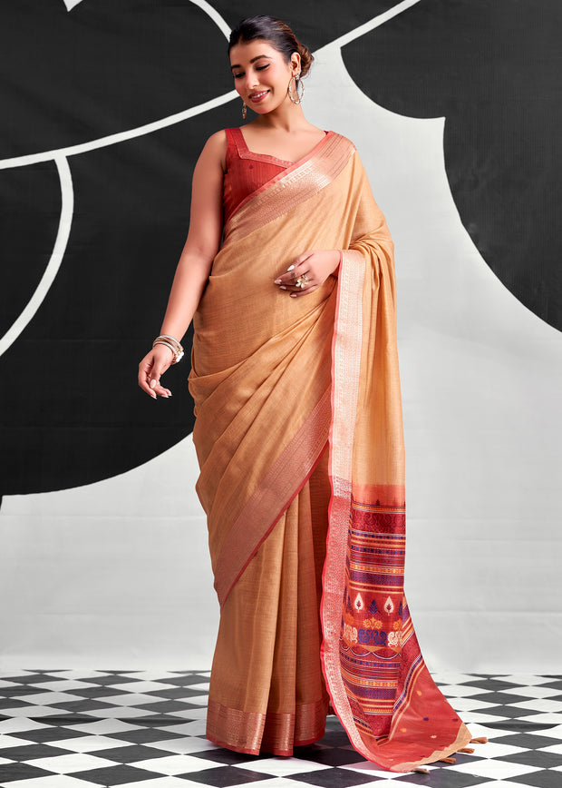 Orange Woven Linen Cotton Silk Saree