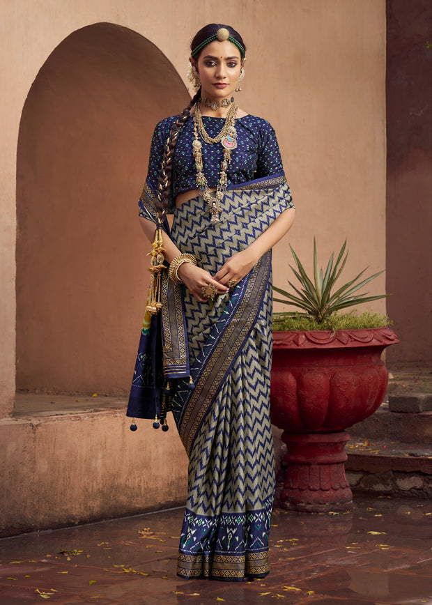Twilight Blue Printed Patola Silk Saree