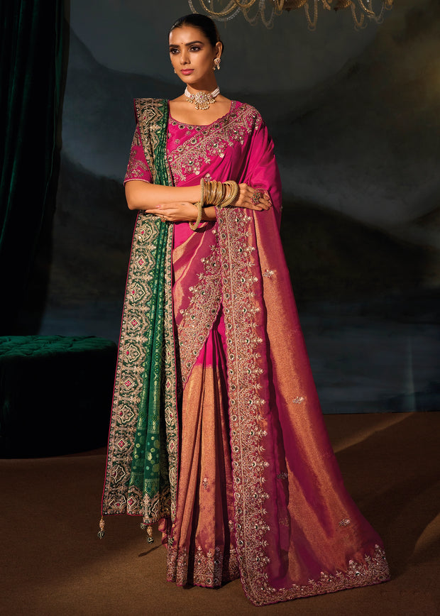 Rani Pink Embroidered Kanjivaram Silk Saree With Dupatta
