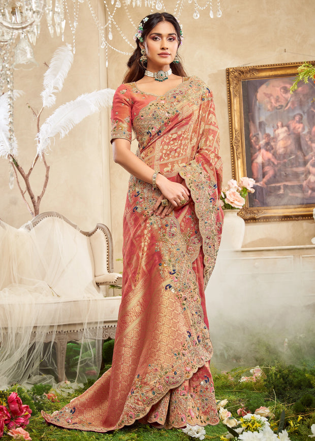 Peach Pink Embroidered Designer Saree