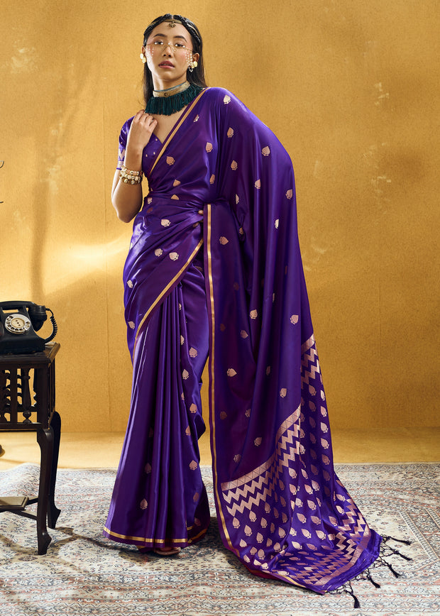 Vibrant Purple Woven Banarasi Satin Silk Saree