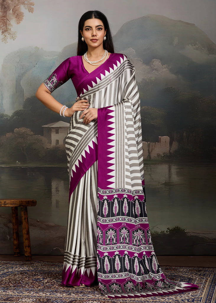 Plum Purple And White Printed Satin Silk Saree