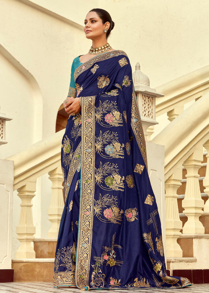 Royal Blue Woven Banarasi Designer Silk Saree With Contrast Blouse