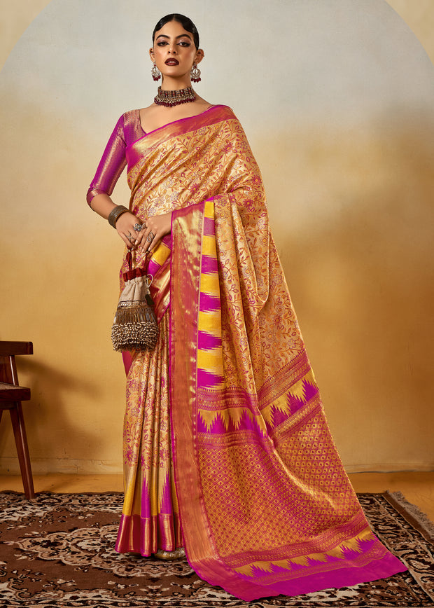 Classy beige dual tone Kanjivaram silk saree with brocade blouse and neutral shimmer