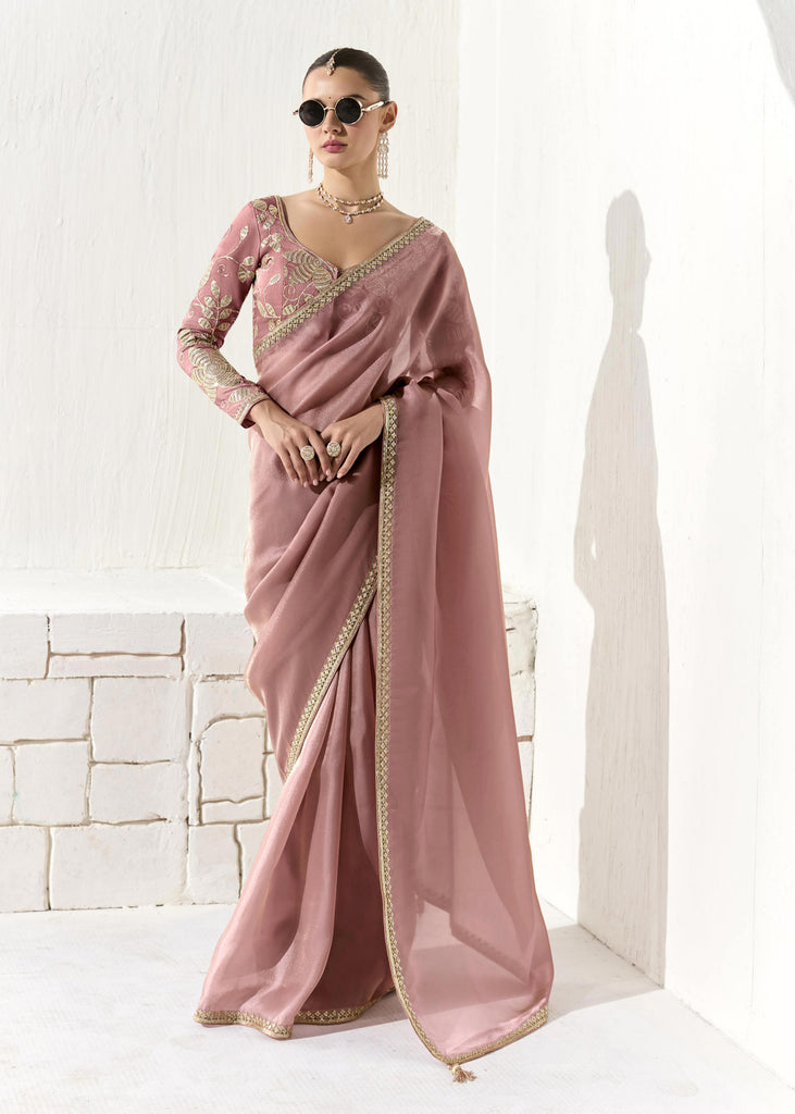 Mauve Pink Designer Organza Tissue Silk Saree