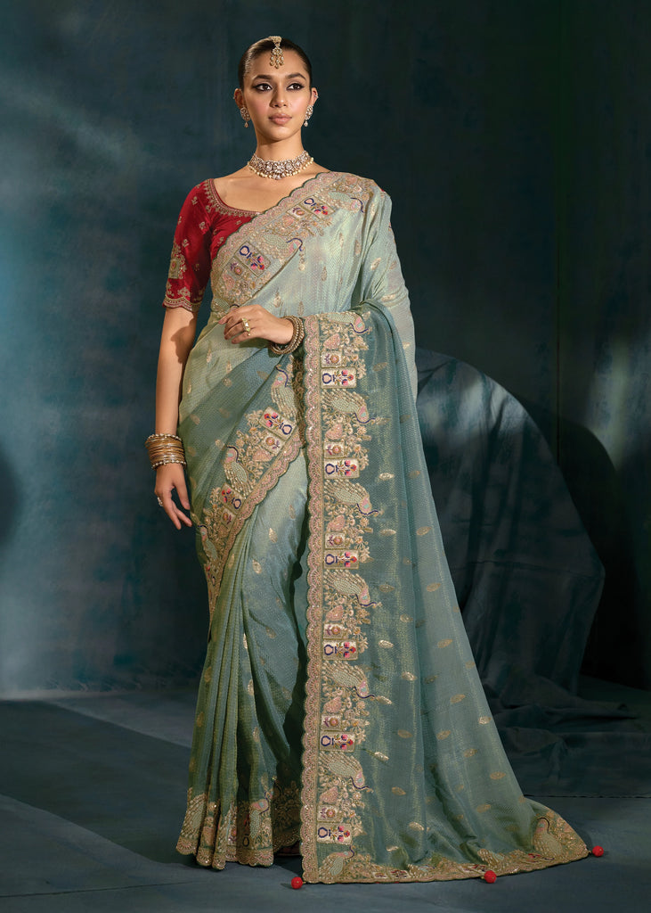 Cloud Grey Embroidered Designer Tissue Saree
