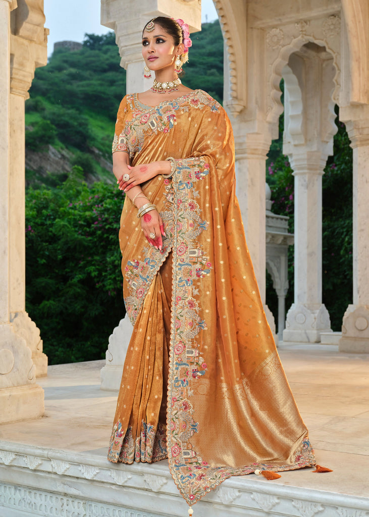 Saffron Orange Designer Embroidered Silk Saree