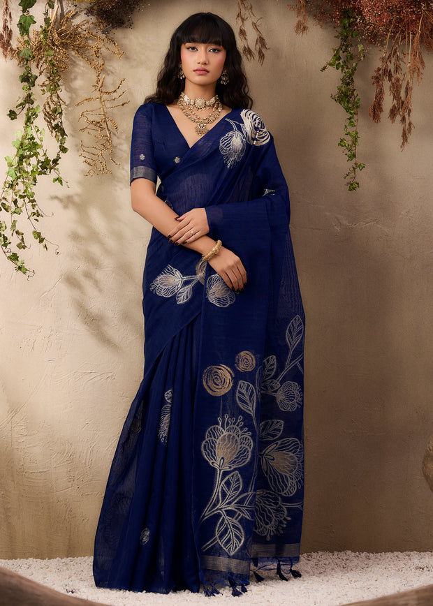 Deep Blue Woven Soft Silk Saree