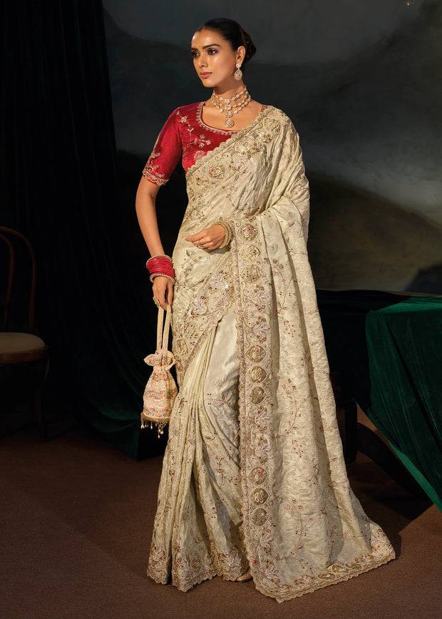 Creamy White Embroidered Kanjivaram Silk Saree
