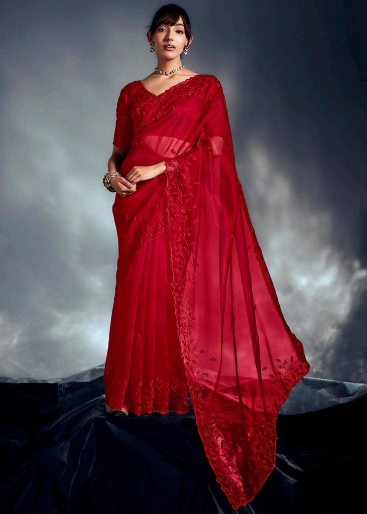 Poppy Red Designer Silk Saree