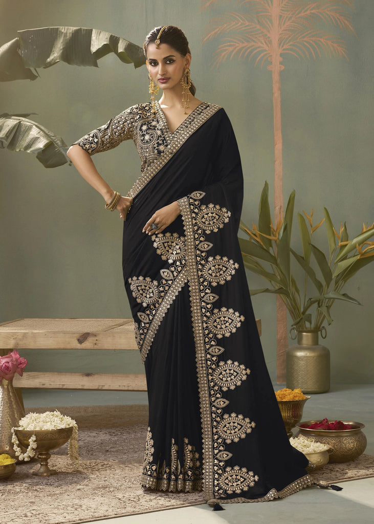 “Exclusive Offer” : Stunning Black Woven Embroidered Silk Saree