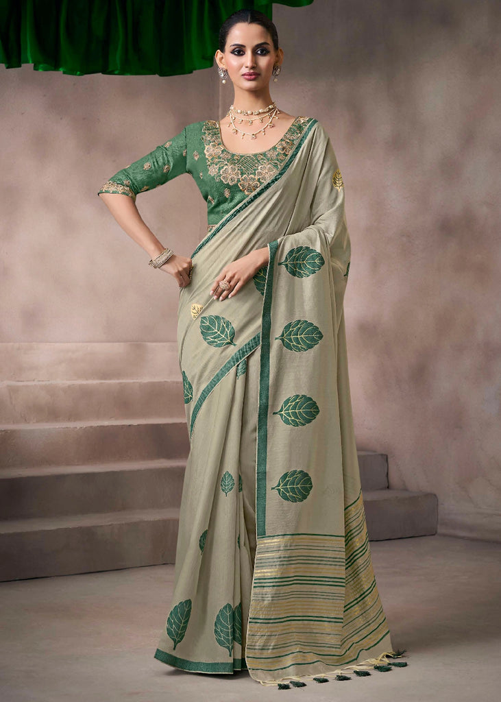 “Exclusive Offer” : Sage Green Woven Cotton Silk Saree