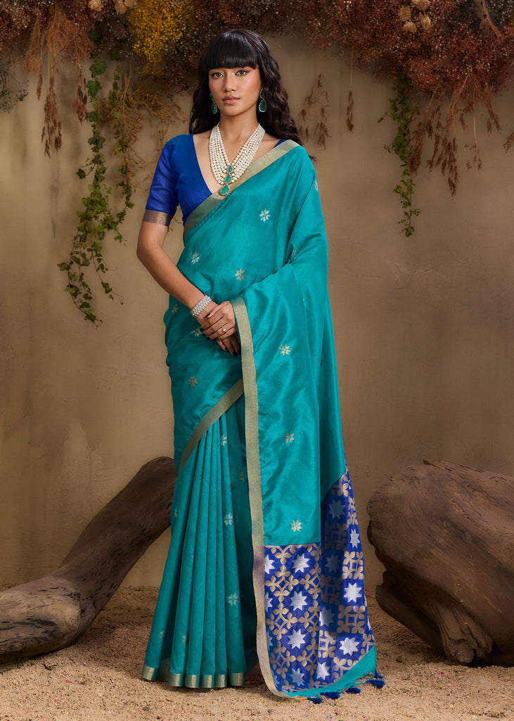Peacock Blue Woven Cotton Silk Saree