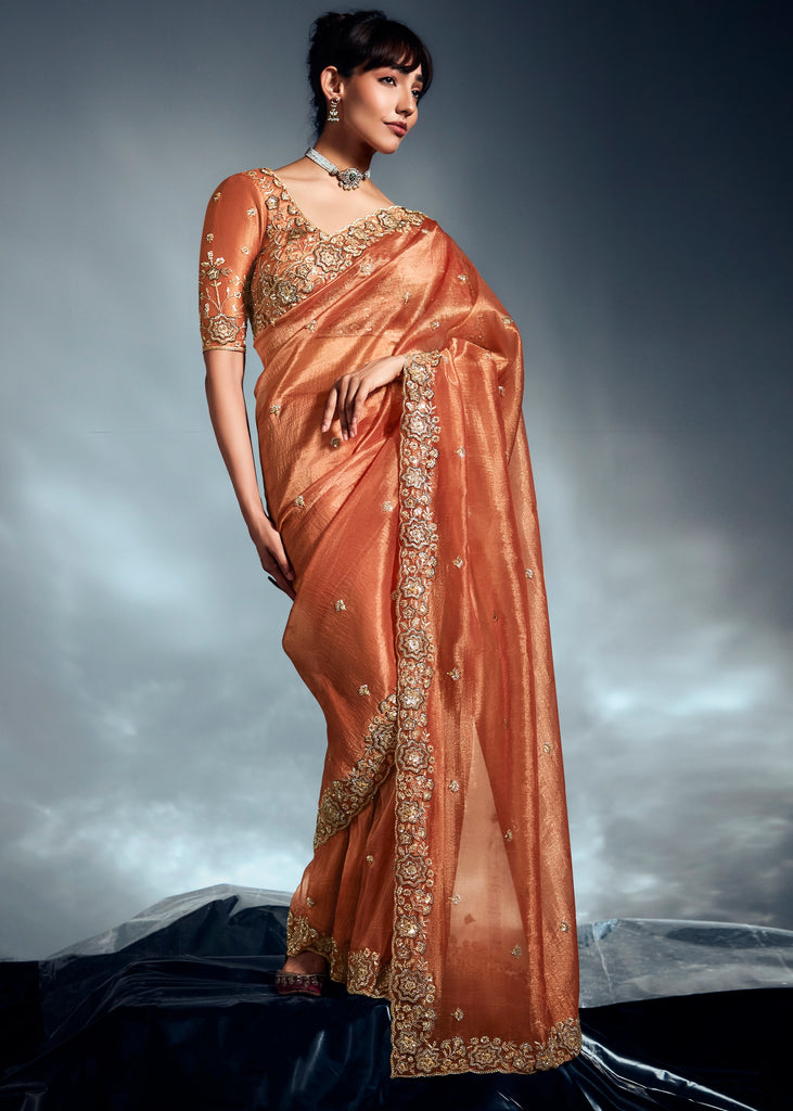 Apricot Orange Designer Silk Saree