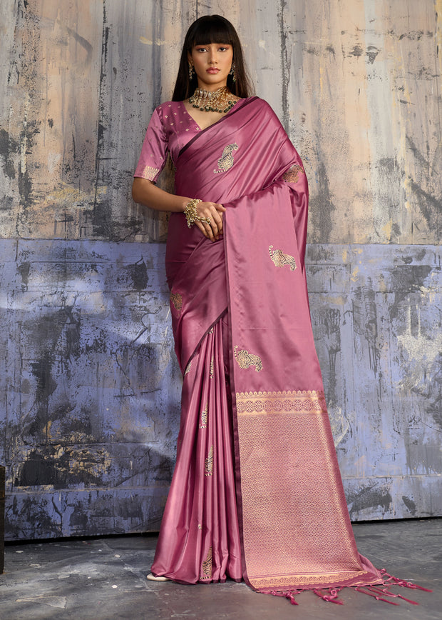 Mauve Pink Woven Banarasi Satin Silk Saree