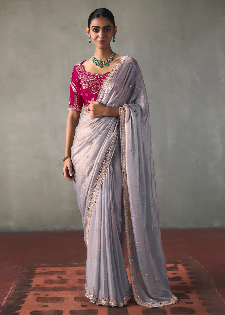 Lavender Embroidered Silk Saree With Heavy Blouse