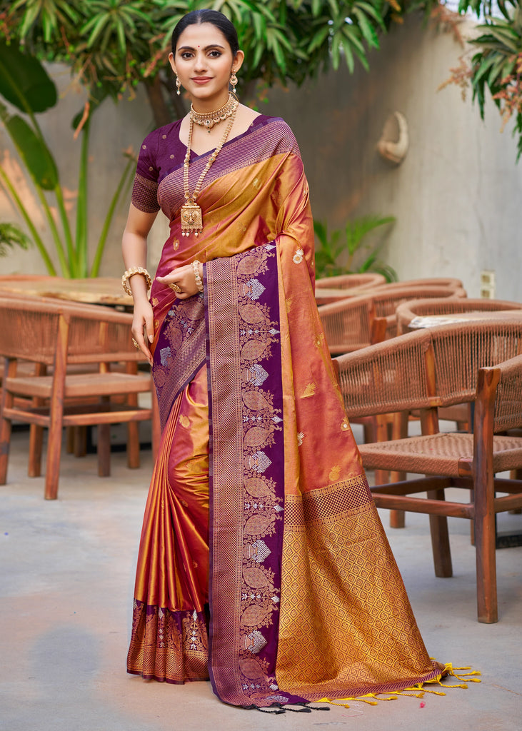 Orange And Purple Dual Tone Woven Banarasi Silk Saree