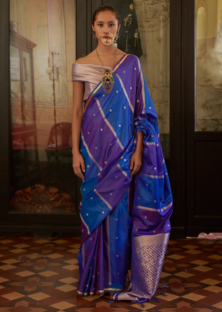 Victoria Blue Rangkat Satin Silk Saree