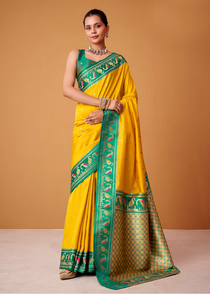 Bright Yellow Woven Banarasi Silk Saree
