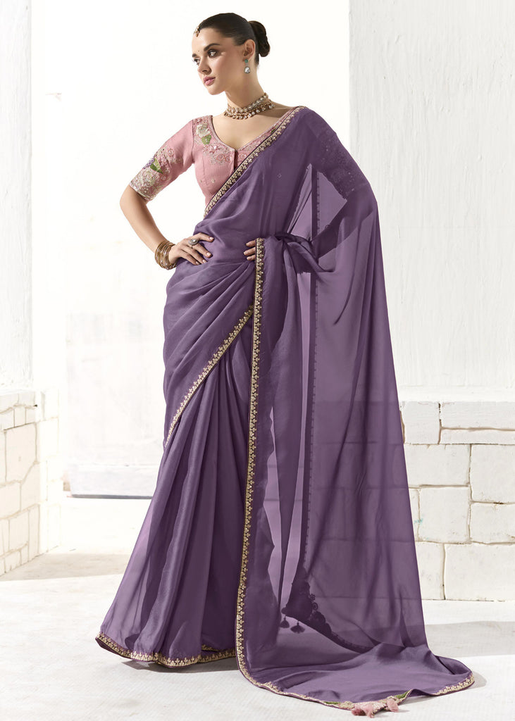 Paisley Purple Designer Organza Tissue Silk Saree