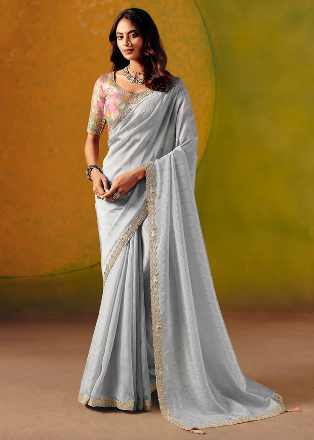Starlight Blue Designer Embroidered Saree