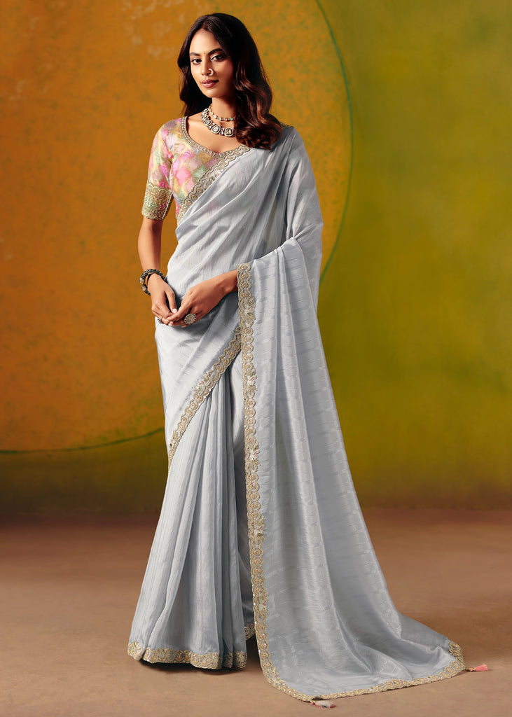 Starlight Blue Designer Embroidered Saree