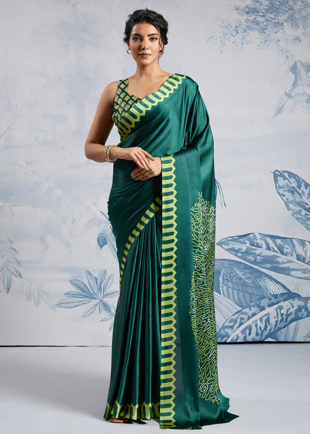 Cadmium Green Satin Silk Saree with Ajrakh Printed Pallu and Blouse
