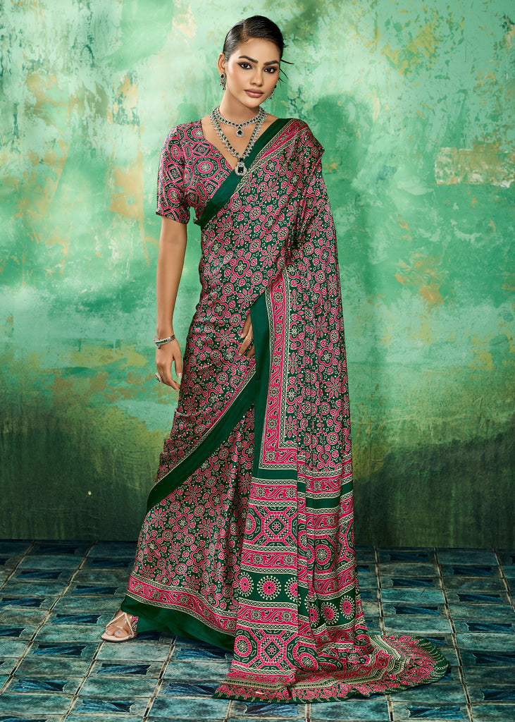 Green And Pink Printed Satin Silk Saree