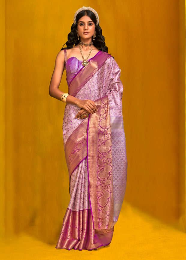 Sweet lavender dual tone Kanjivaram silk saree with pale two-tone woven shimmer