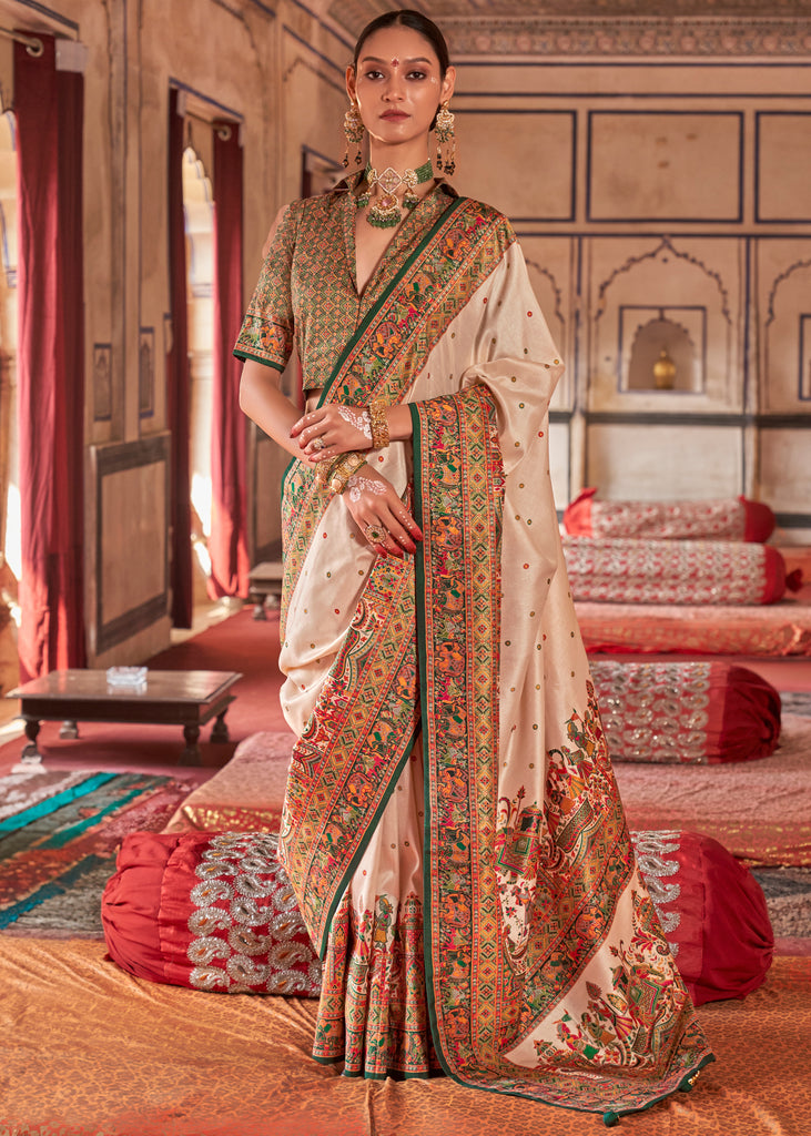 Mehndi Green Printed Kashmiri Jamewar Saree