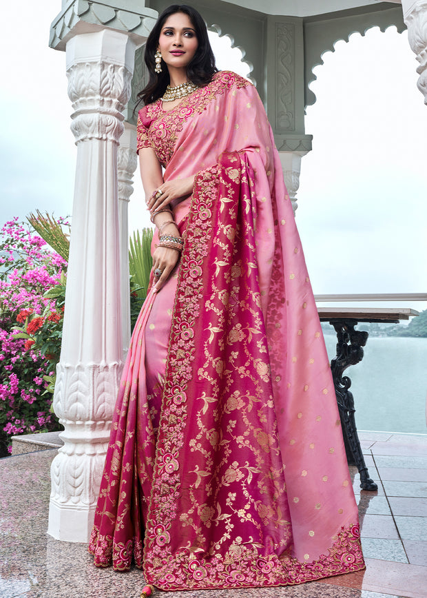 Barbie pink heavy embroidered silk saree with vivid zari embroidery