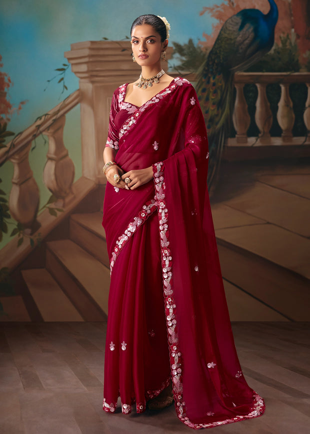 Maroon Embroidered Designer Saree