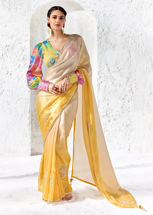 Off White And Yellow Designer Organza Silk Saree With Printed Blouse