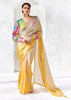 Off White And Yellow Designer Organza Silk Saree With Printed Blouse