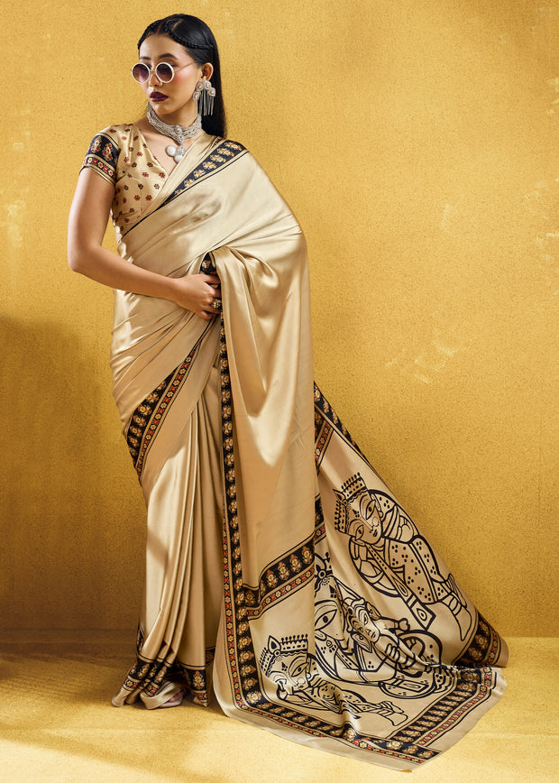 Ivory Satin Silk Saree with Ajrakh Printed Pallu and Blouse