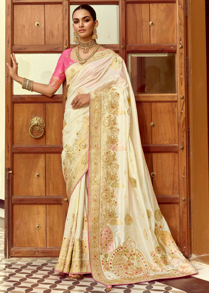 Snow White Woven Banarasi Designer Silk Saree With Contrast Blouse