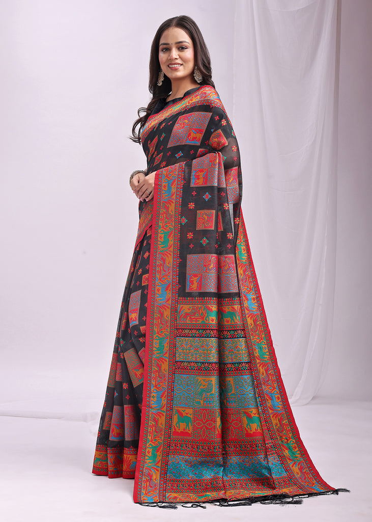Phantom Black Woven Linen Cotton Saree